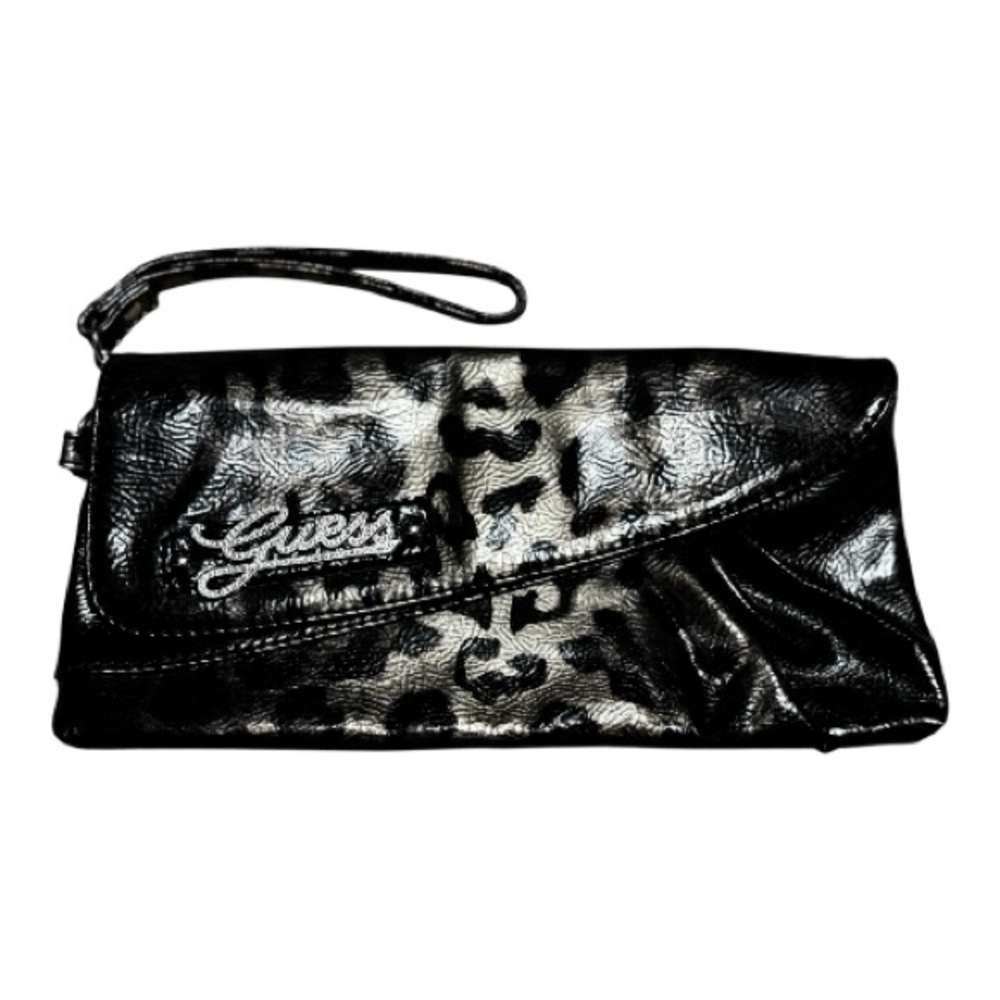 Guess Vintage Black and Silver Leopard Clutch with purple lining 11" X 6"